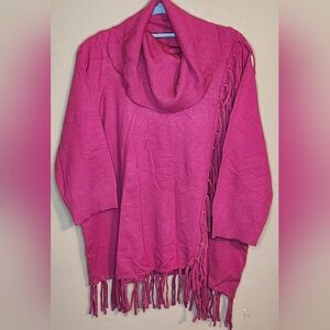 Adrienne Vittadini Womens Pink Cowl Neck With Fringe Sweater Plus Size 2X